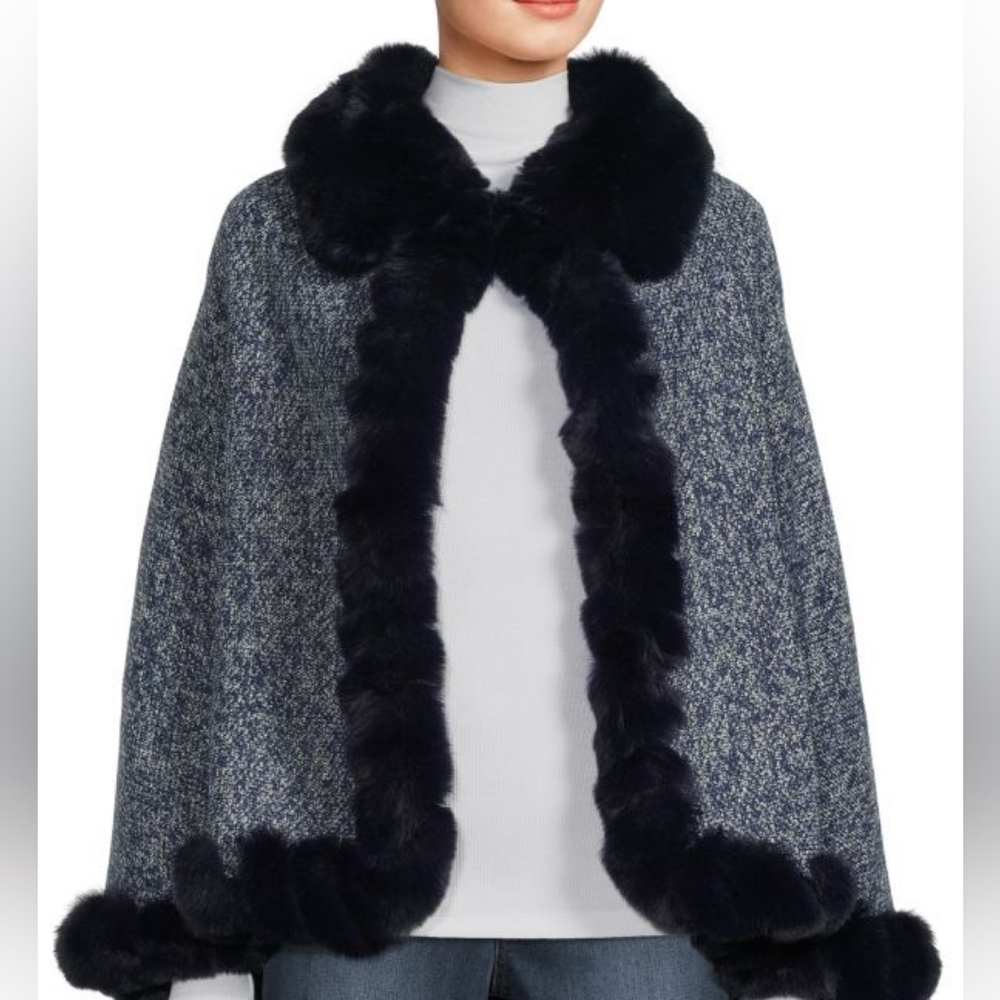 NWT VINCE CAMUTO Whip Stitched Black Faux Fur Trimmed Cape - Picture 3 of 7